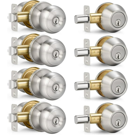 4 Sets Entry Door Knob and Single Cylinder Deadbolt Combo Set, Keyed Alike Round Ball Satin Nickel Exterior Door Knobs with Lock and Keys for Entrance and Front Door