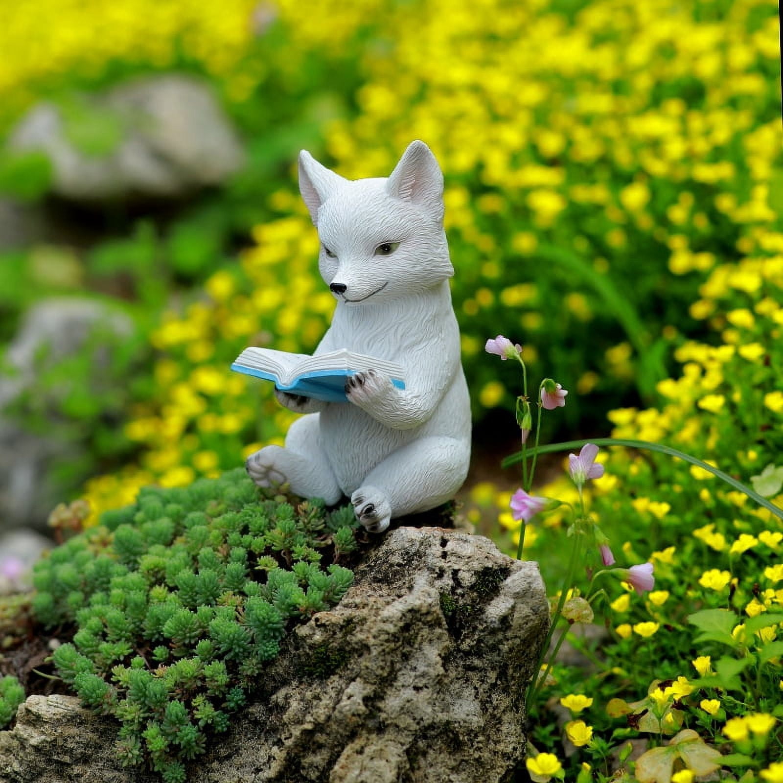 Cute Fox Figurines Animal Statue,Resin Sculpture Outdoor Statues Ornaments Décor for Flower, Yard Art Patio Lawn House,White