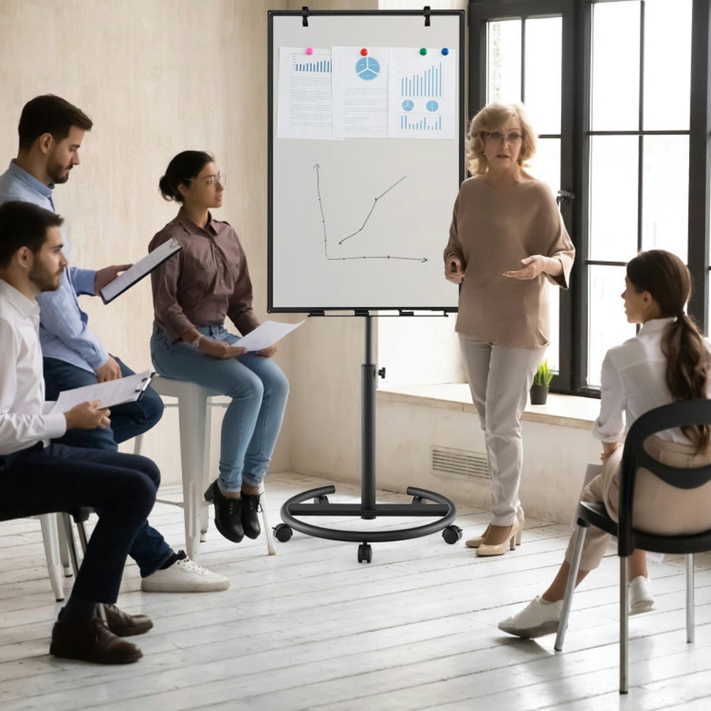 Yardi Yard Height-Adjustable Mobile Whiteboard with Round Stand Paper Clips-Black, Mobile Whiteboard for Office, Home & Classroom