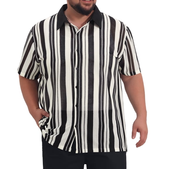 DARING DIVA Men's Big Tall Colorblock Striped Short Sleeve Button-Down Shirt XL Black