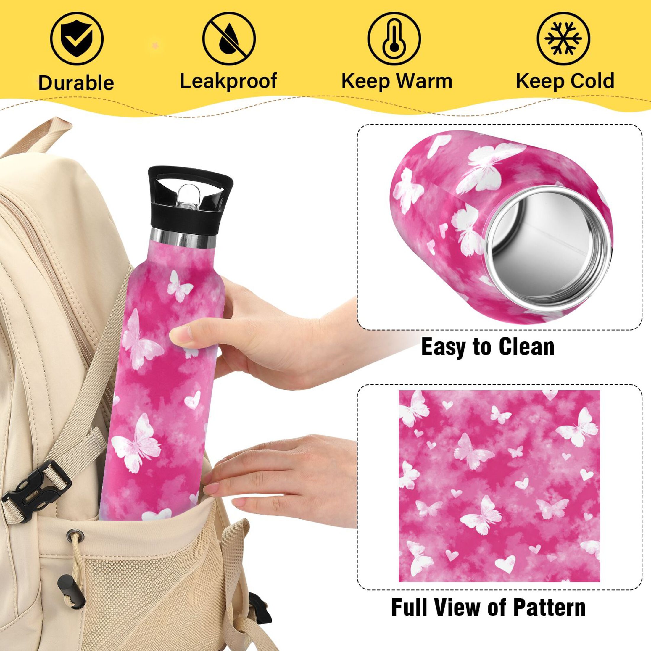 Kids Insulated Stainless Steel Sports Water Bottle 600ml (20oz) Pink Tie-dye with Butterflies