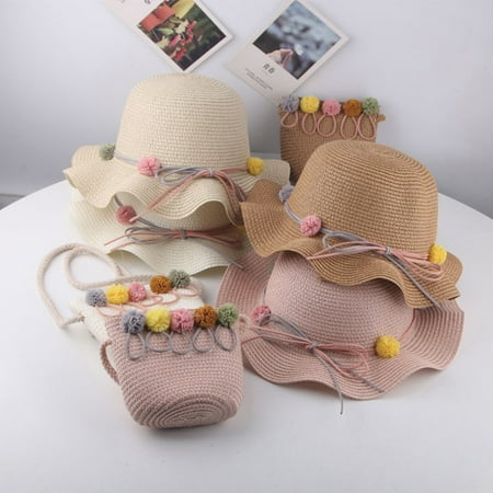

AYYUFE Girl Anti-UV Straw Hat Children Summer Visor Beach Wavy Sunhat Cap Bag - Beige