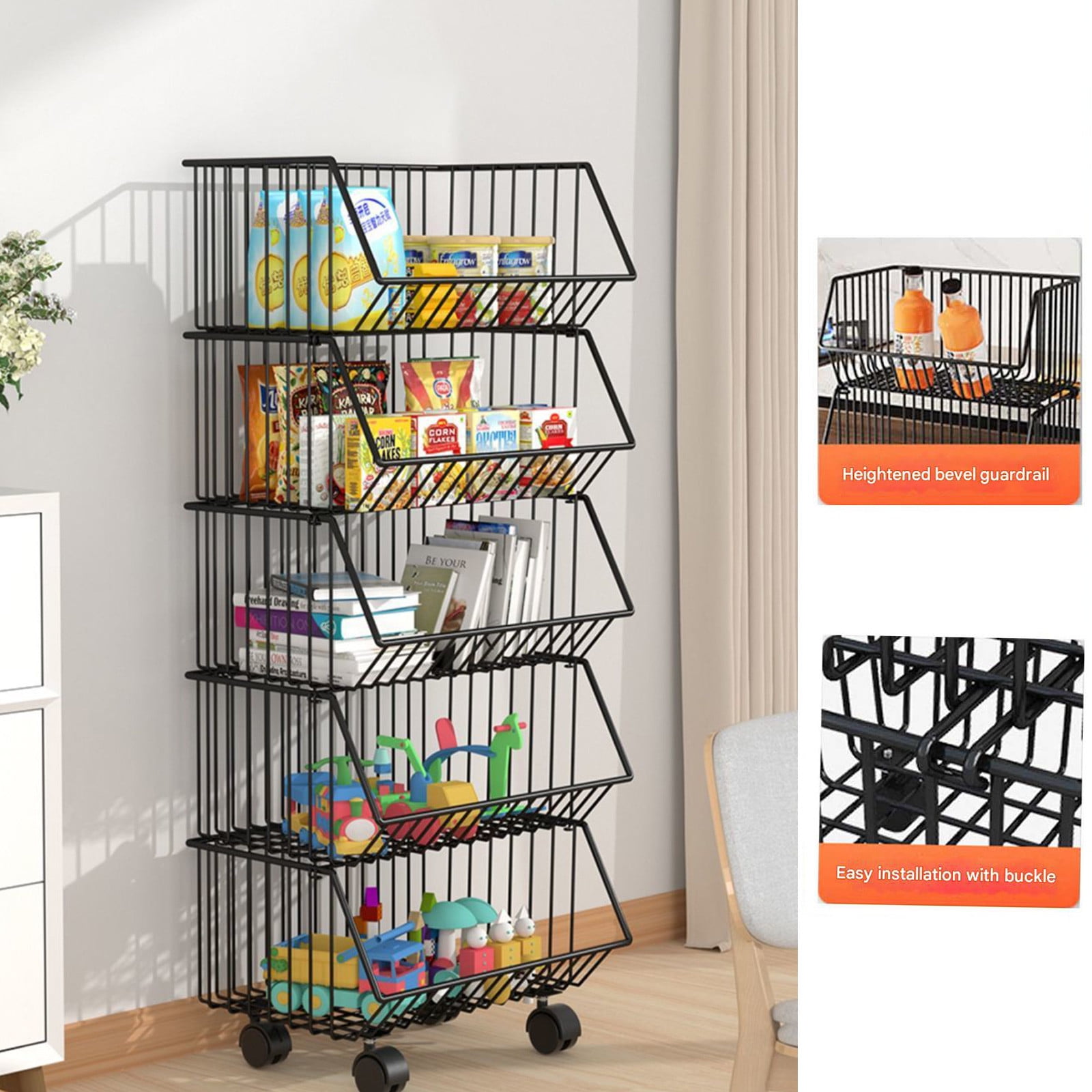 BZPIZ Utility Cart Collapsible Shelves with Wheels, Shelving Units and Storage Rack, Rolling Shelf for Kitchen, Office, Dorm, Living Room