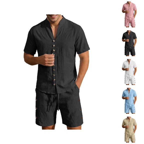 Cotton Linen Short Sets for Men Summer Short Sleeve Button V Neck Stand Collar Shirt and Shorts 2 Piece Matching Set