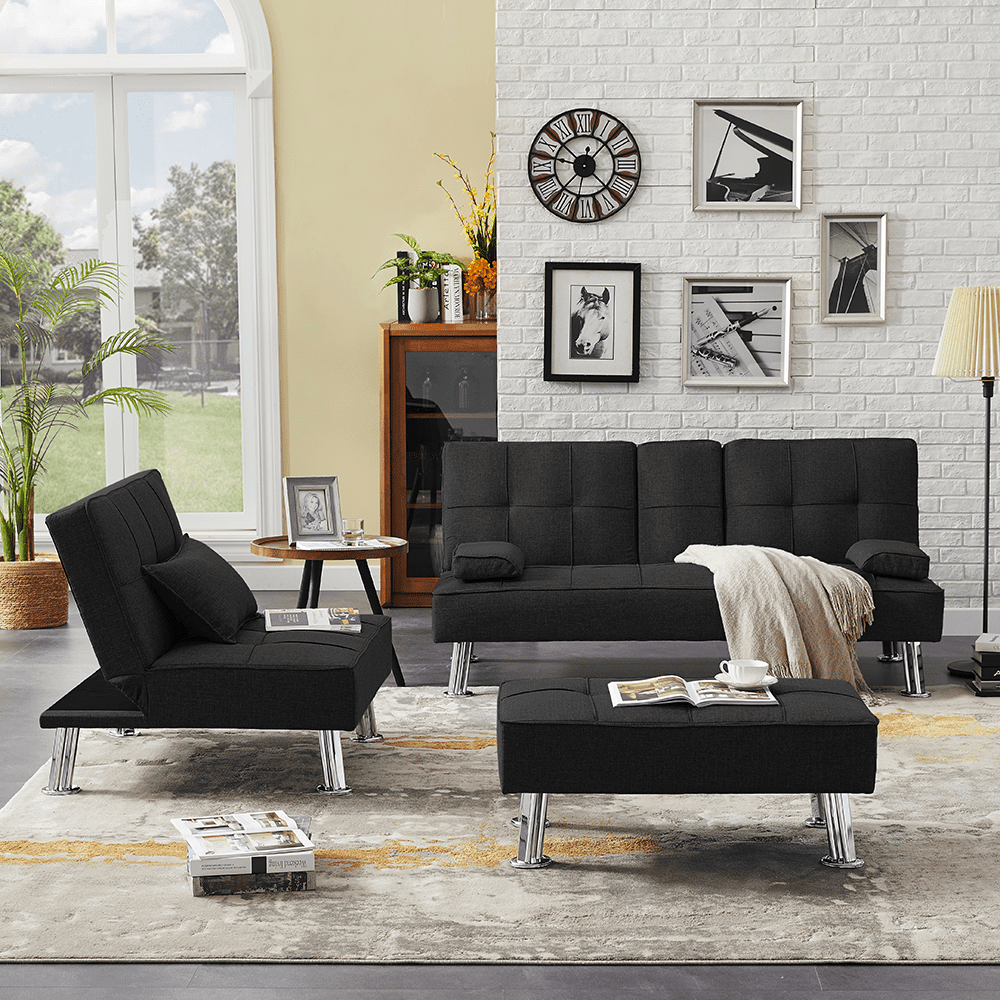 Kepooman 3-Piece Modern Fabric Convertible Futon Sofa Set with 2 Cup Holders & Single Sofa & Ottoman, Black