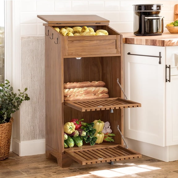 Farmhouse Onion and Potato Storage Bin, Fruit & Vegetable Holder with Large Bread Box, Small Kitchen Pantry Cabinet, Walnut
