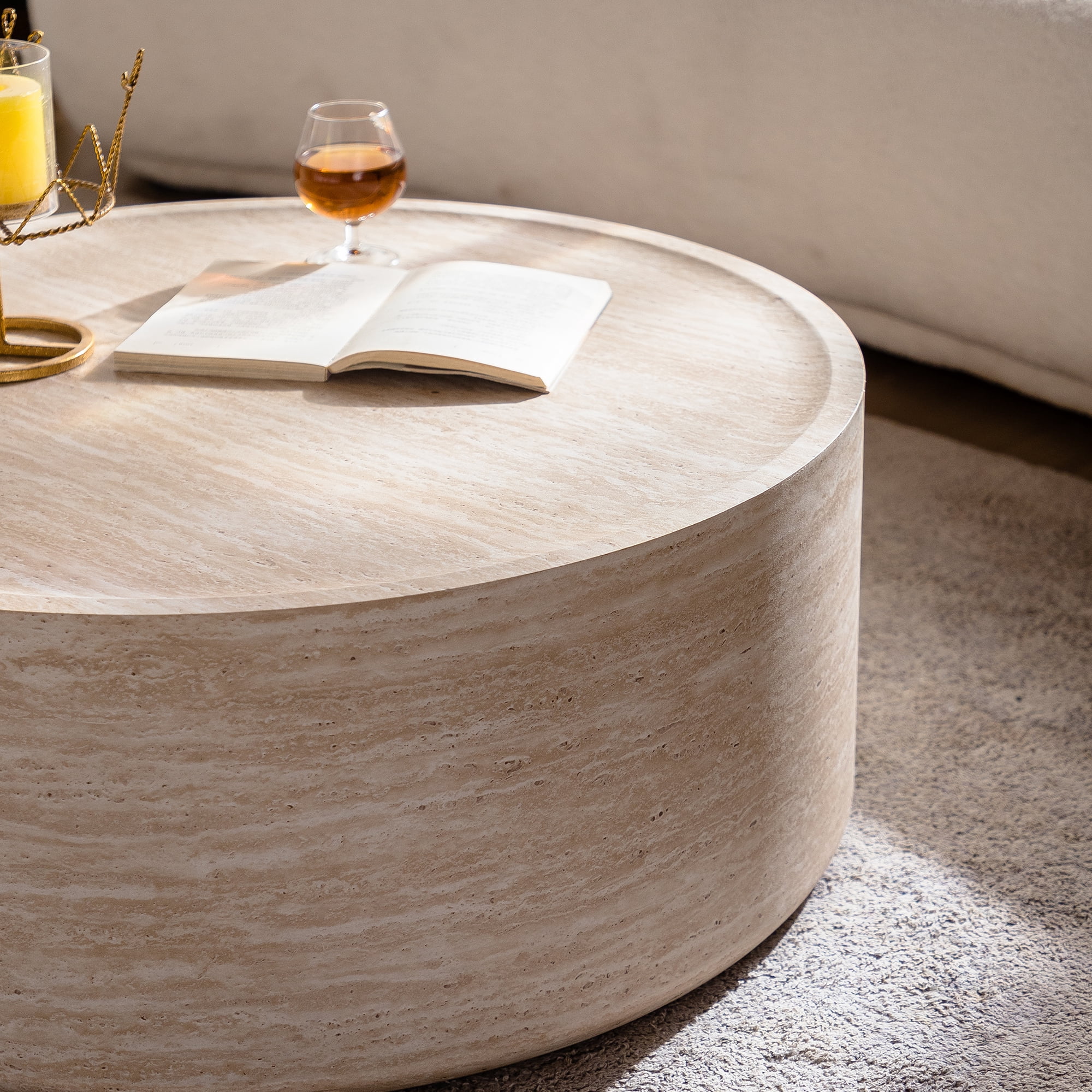Leumius Round Coffee Table for Living Room, Modern Drum Circle Coffee Table for Bedroom, No Need Assembly Amber 2