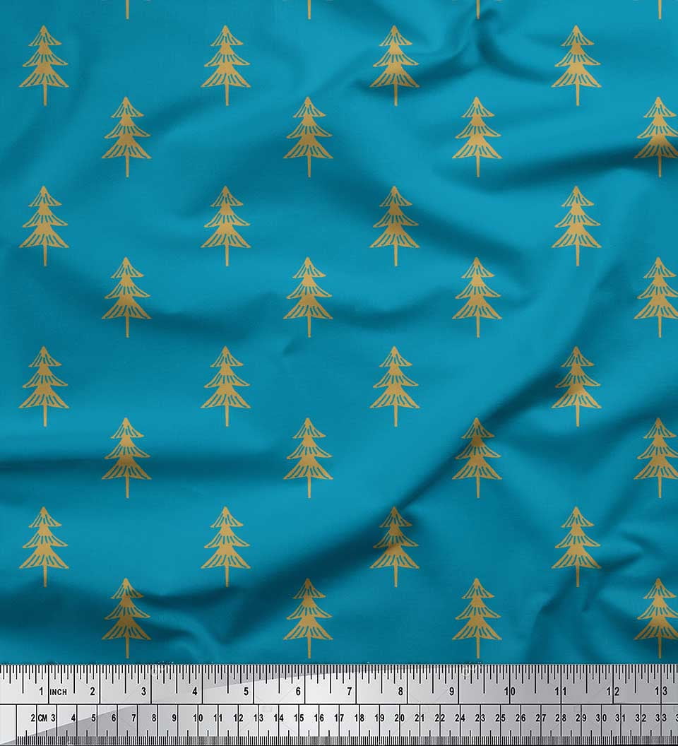 Soimoi Blue Silk Fabric Christmas Tree Printed Craft Fabric by the Yard 42 Inch Wide