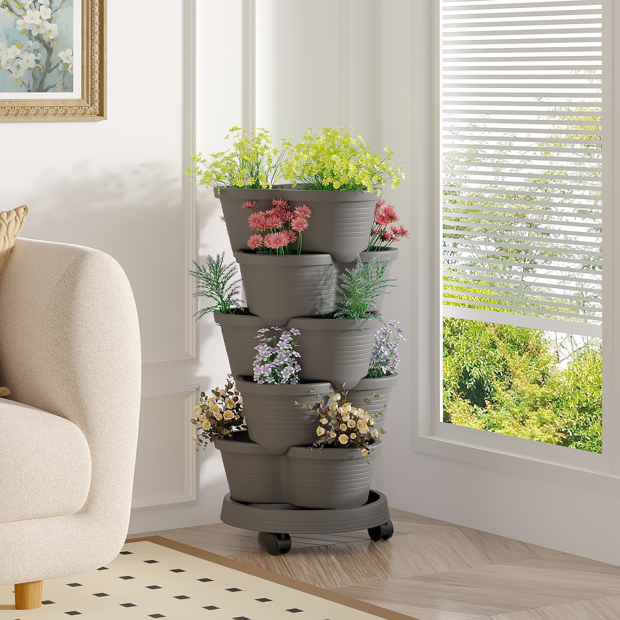 VECELO Stackable Planters 5 Tier Vertical Gardening Planter, Stackable Garden Tower Indoor Outdoor Pot For Strawberries, Flowers, Herbs, Vegetables With Removable Wheels, Dark Gray