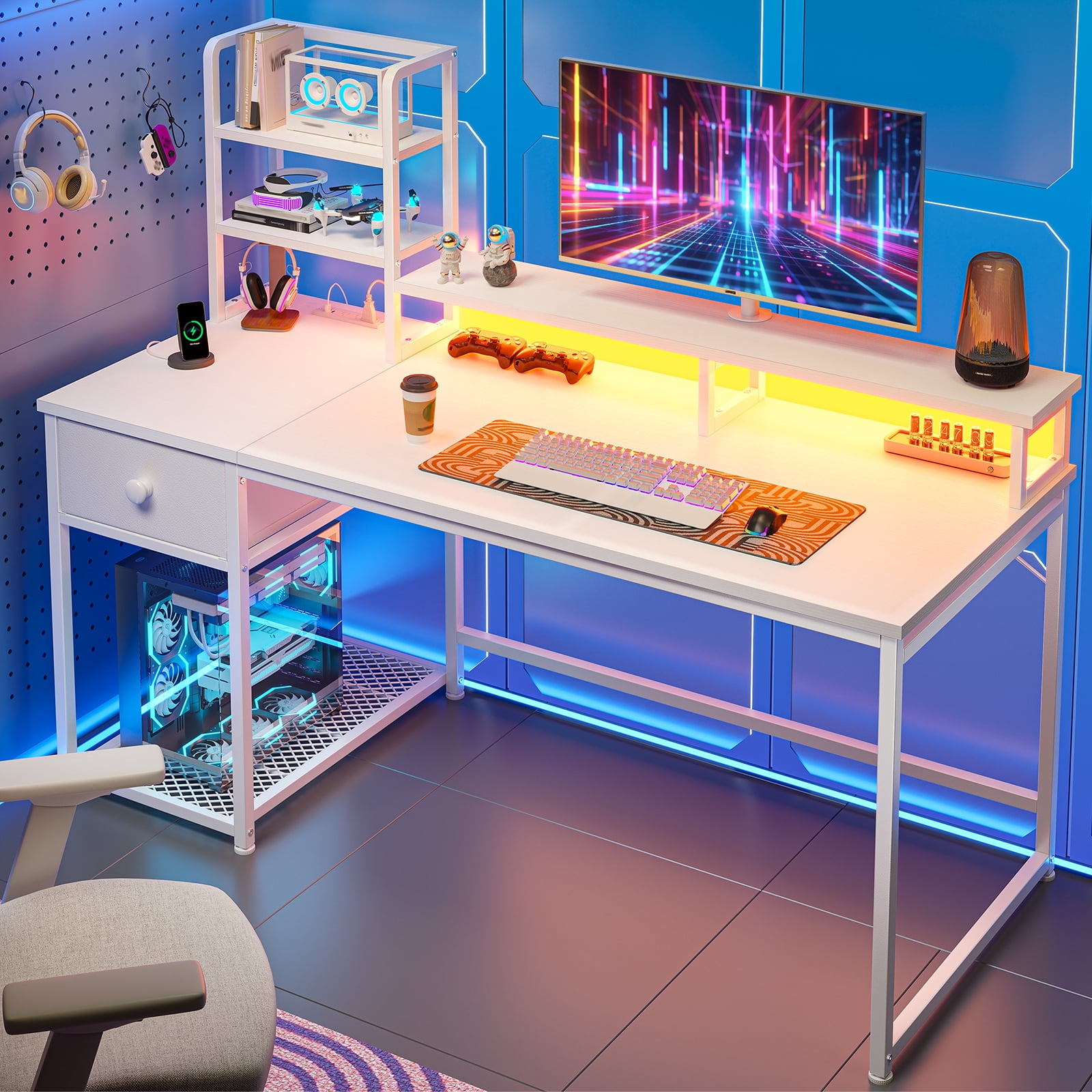 Romorgniz 44"W Computer Desk with Hutch, Gaming Desk with LED Lights & Power Outlets, Small Desk with Drawer and Monitor Stand, Studying Desk for Home Office, White