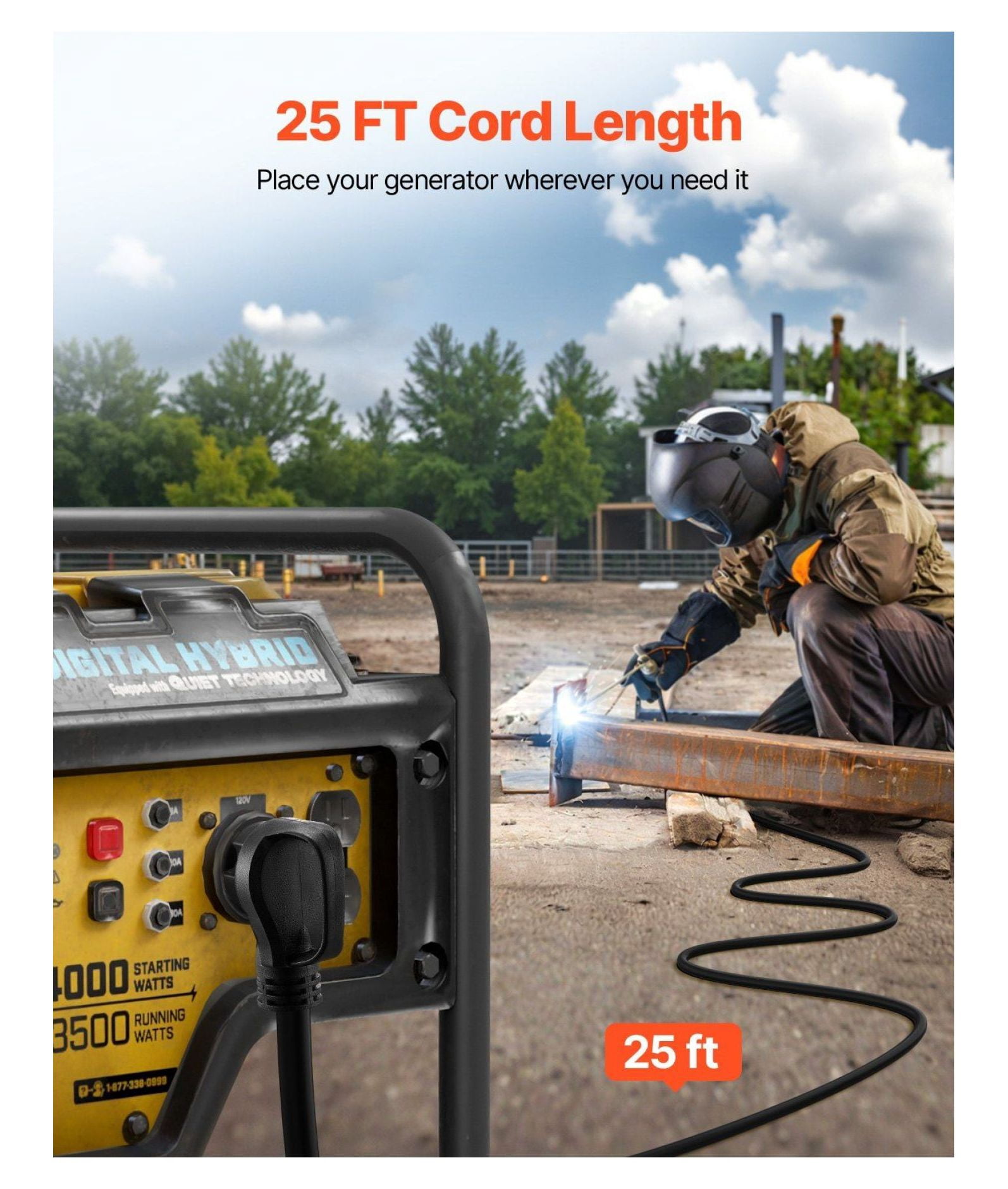 50 Amp Generator Extension Cord 25ft 12500W 6AWG Heavy Duty NEMA 6-50R/P SWT Generator Power Cord for Outdoor Use, ETL Listed with Storage Bag