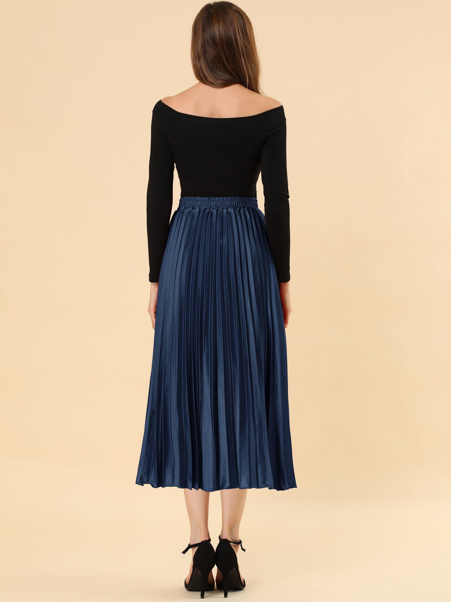 DARING DIVA Women's Midi Length Elastic High Waisted Pleated Skirt 2XL Dark Blue