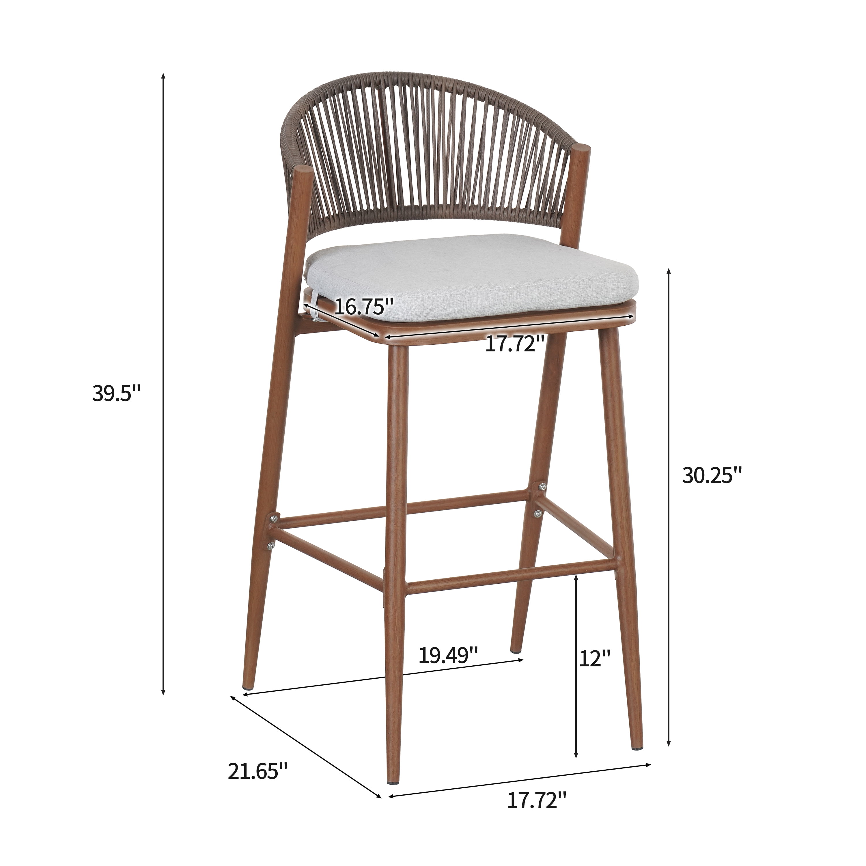 Barstools Set of 2, Outdoor 30.25 Inch Seat Height Aluminum Frame Stools with PE Rattan Scallop-Shaped Backrest, Teak Finish