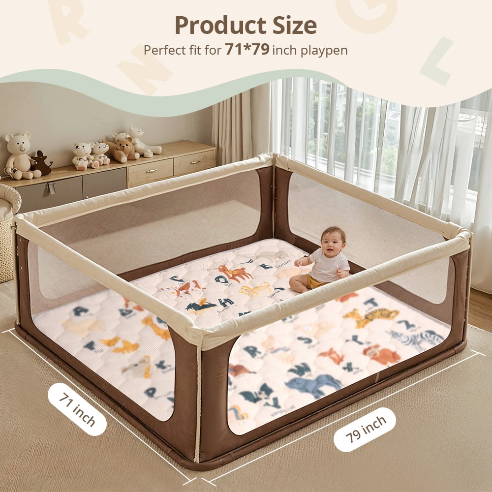 Baby Play Mat, Caveen Thicken Soft Cotton Baby Playmats, Foldable Anti-Slip Floor Crawling Playmat Playpen Mat for Infants and Toddlers, 71"x79", Beige