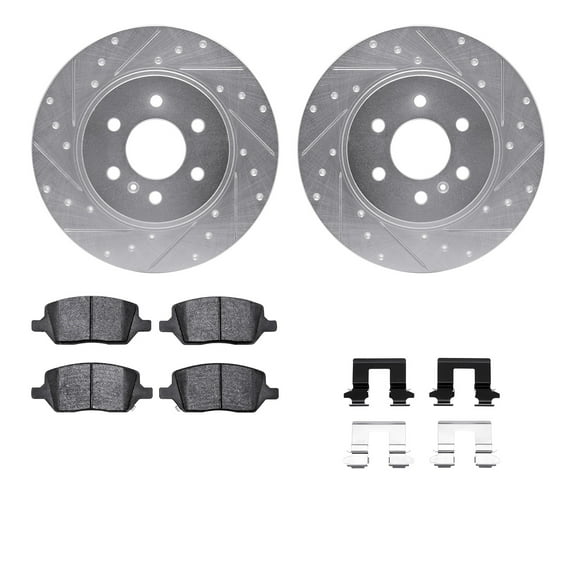 Dynamic Friction Company Rear Brake Rotors-Drilled and Slotted-Silver with 5000 Advanced Brake Pads includes Hardware 7512-52007