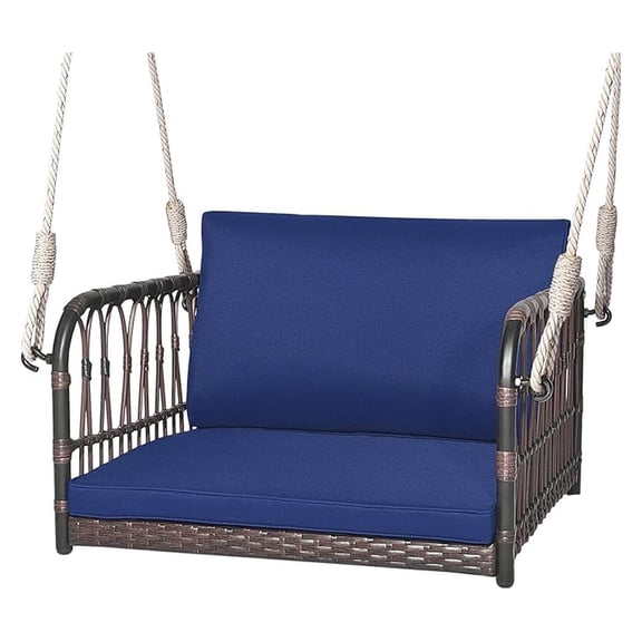 Hanging Porch , 1 Person Patio Wicker Chair with Metal Frame, Cushion, Ropes & , Outdoor PE Rattan Seat for Lawn Garden Backyard Balcony, Navy