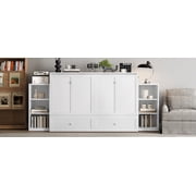 Mintazer Queen Size Murphy Bed with 6 Side Shelves & 2 Drawers, Modern Foldable Cabinet Bed for Bedroom Apartment Guest Room, White