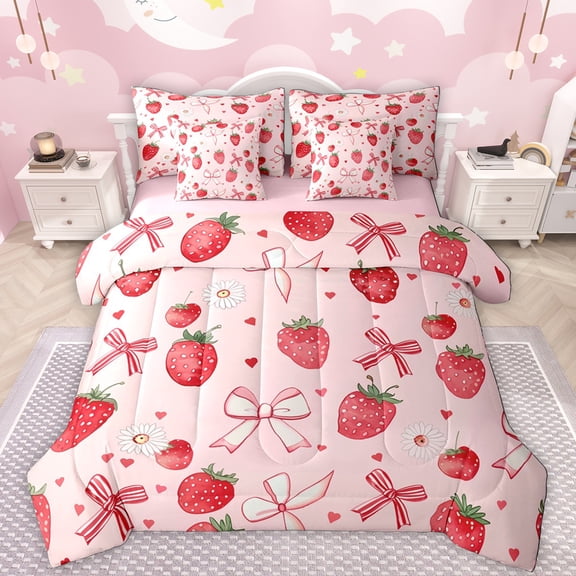 Manfei Sweet Strawberry 7-Piece Twin Bedding Sets,Cartoon Daisy Loves Bedding Comforter Set,Pink Bowknot Ribbon Sheet Sets For Kids,Microfiber Bedroom Decor Reversible