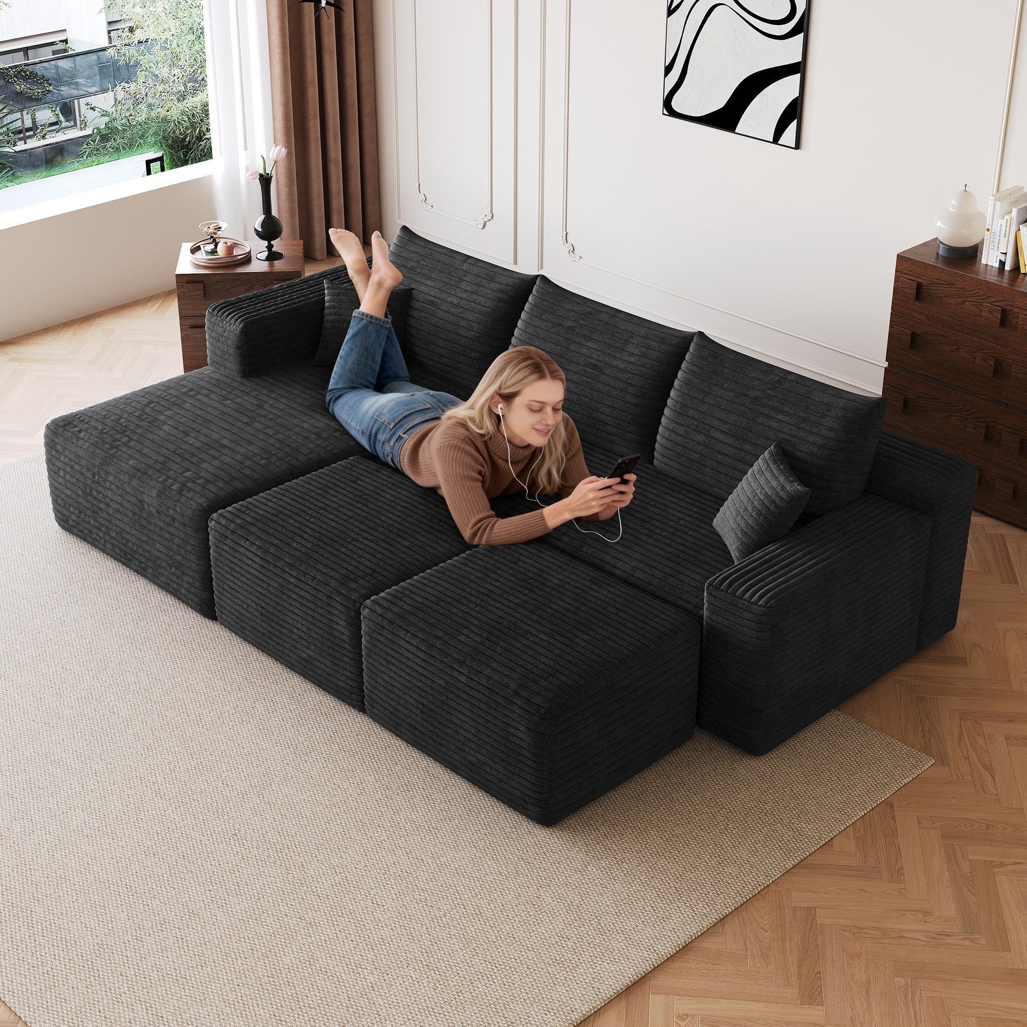 Sailvan 95" Cloud Sectional Sofa with 2 Ottomans,No Assembly Required U-Shaped Modular Couch,Deep Seat Sofa for Living Room Black