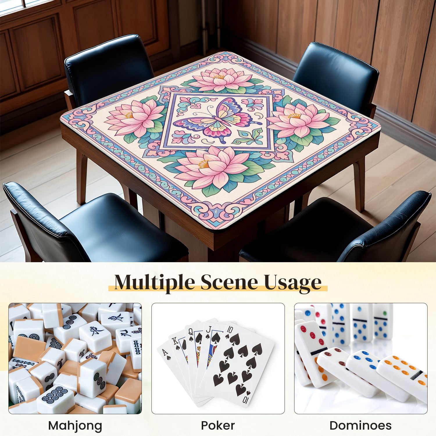 Mahjong Mat 31.5" x 31.5" Pink Lotus Flowers Butterfly Elegant Decorative Style Non-Slip Noise Reduction Mahjong Tiles Table Cover for Dominoes Poker Card Board and Tile Games