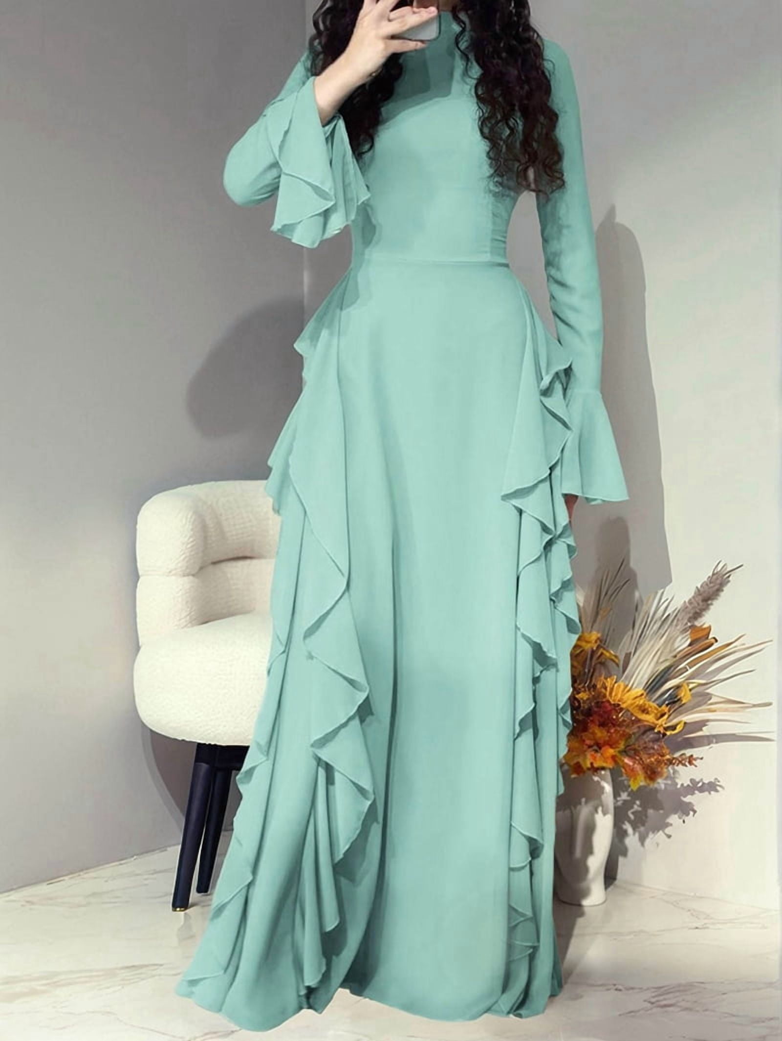 Women'S Bodycon Dresses Elegant Bell Sleeve Ruffle Hem Cocktail Party Long Dress Green M