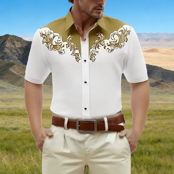 HOWPAY Button down Shirts for Men Short Sleeve Summer Western Cowboy Print Beach Vacation Tops Casual Regular Fit Oversized Soft Shirts Army Green L