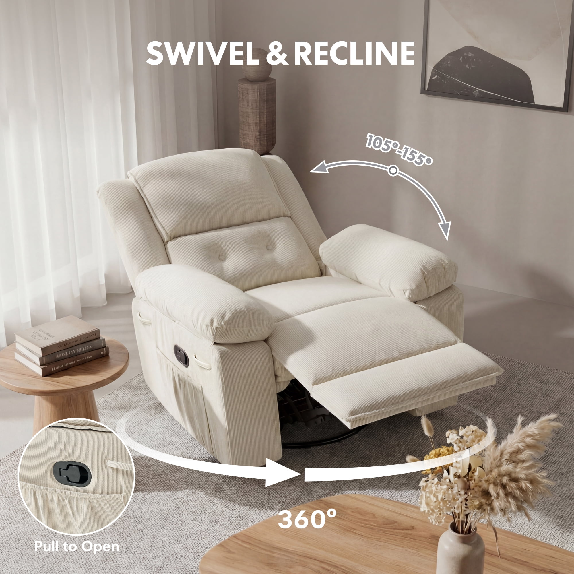 FlexiSpot Swivel Recliner Chair with Heat & Massage, 3-Position Adjustable Backrest, Soft Woven Fabric Nursery Glider with 360° Swivel, Wide Armrests, Large Side Pockets & 300 lbs Support,Beige