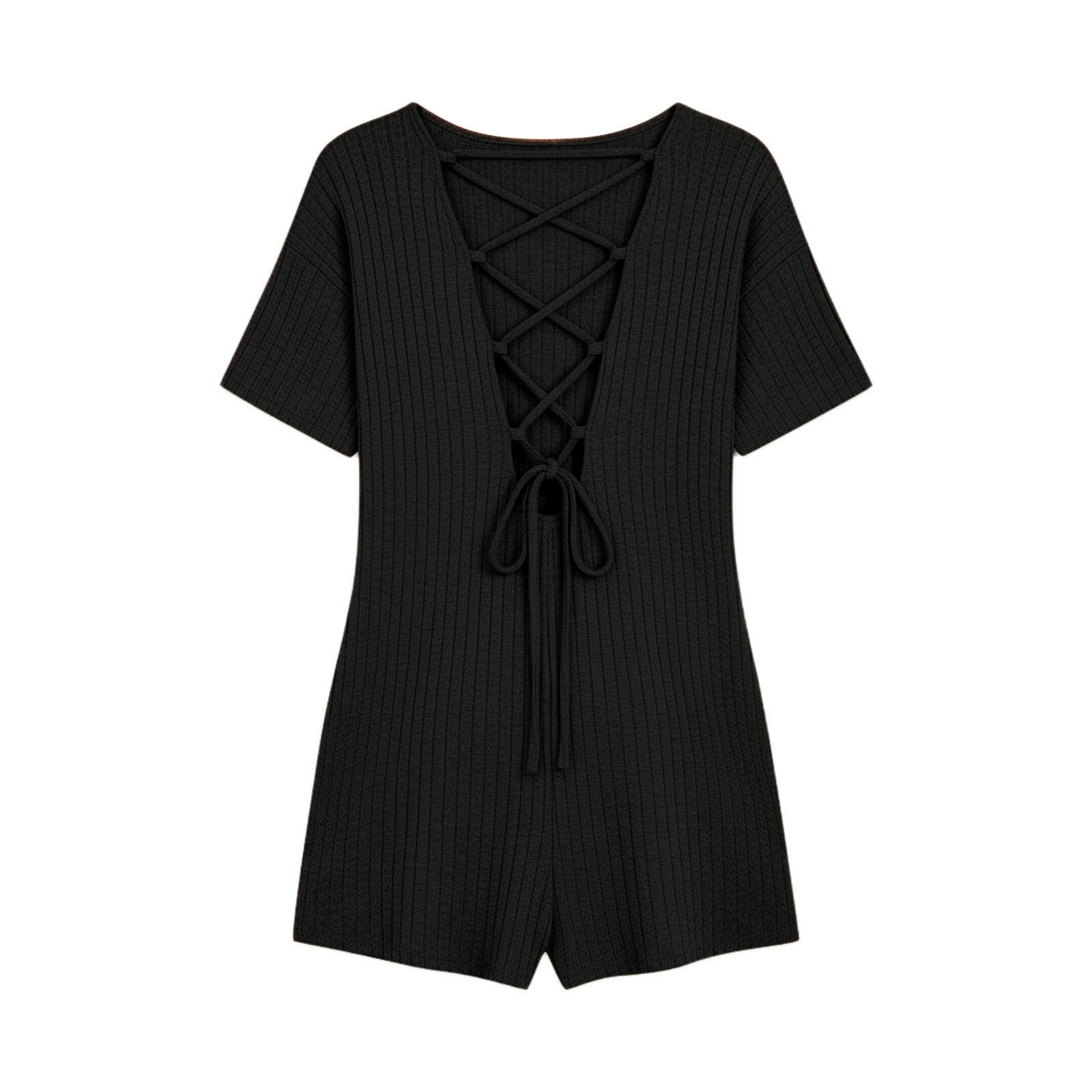 Dazajoo Women's Ribbed Knit Romper Short Sleeve Round Neck Rompers with Pockets Casual Crisscross Lace-Up Back Overalls,Black,L