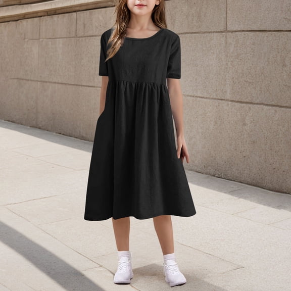 BRGZLK Kids Girls Summer Dresses Trendy Solid Color Short Sleeve Round Neck Imitation Linen Dress Flowy A-Line Dress Black 5-6 Years