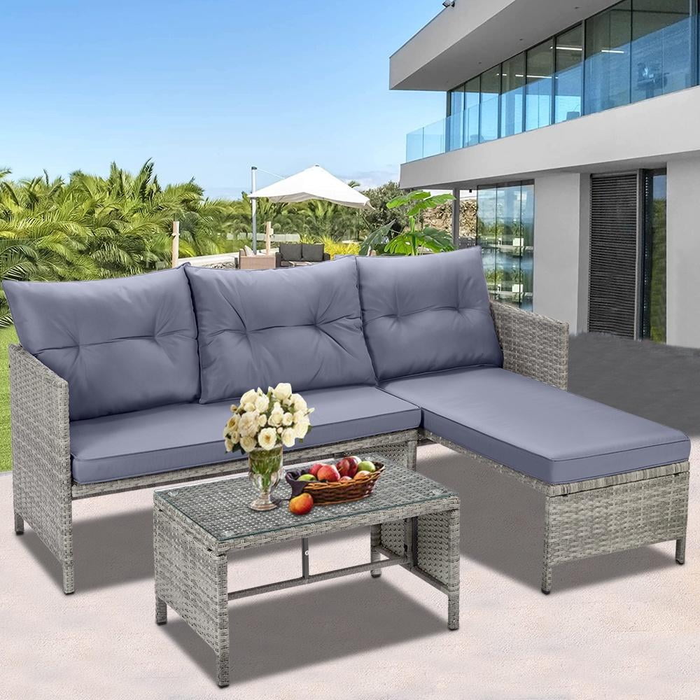 SEGMART Patio Rattan Sectional Couch Set, 3 Piece Outdoor Wicker Furniture Set, Elegant Cushioned Sofa Set, Conversation Chair Set with Table & Cushions for Backyard, Lawn, Poolside