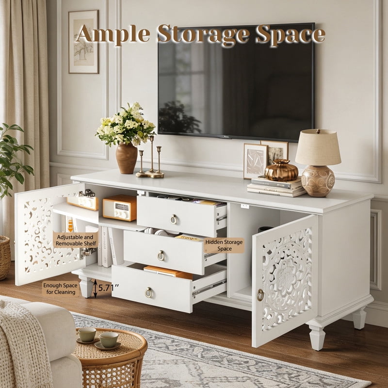 Vintage TV Stand with Carved Doors for 65'' TVs, Freestanding Storage Cabinet Media Console with Drawers & Adjustable Shelf