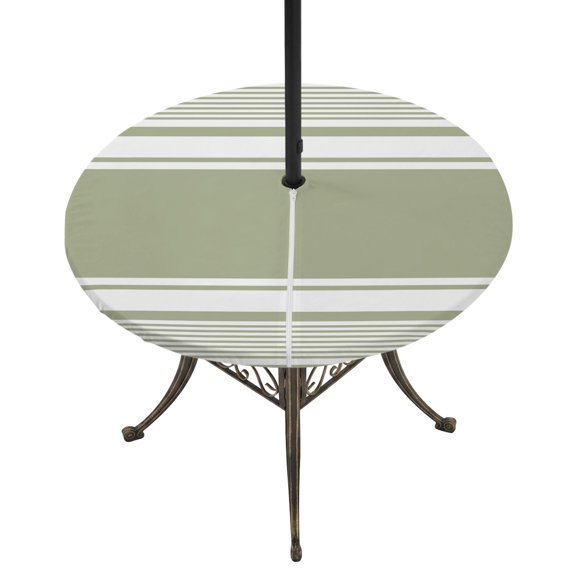 Round Outdoor Tablecloth with Umbrella Hole and Zipper, Farmhouse Sage Green Tablecloth with Elastic Waterproof, Farmhouse Green Line Striped Patio Table Covers for 45" - 54" Picnic Pool Tables