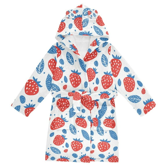 FORMRS Niños Bathrobe Unisex Hooded Robe Soft Plush Pajamas Sleepwear, Size 2-3T, Playful Strawberries