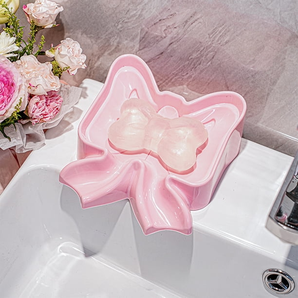 Escurridor para platos de jabón | Bandeja de jabones de plástico Bowknot Design – Rosa, Blanca | Organizador de baño para drenaje de agua | 15x13,5x6cm | Previene la acumulación, soporte decorativo