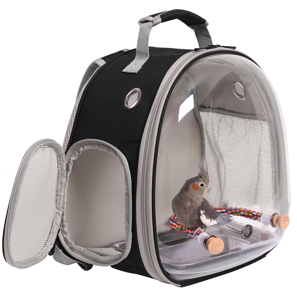 Halinfer Bird Travel Carrier Cage, Transparent Bubble Astronaut Bubble with Stainless Steel Tray and Rope Standing Perch, 2lb (Black)