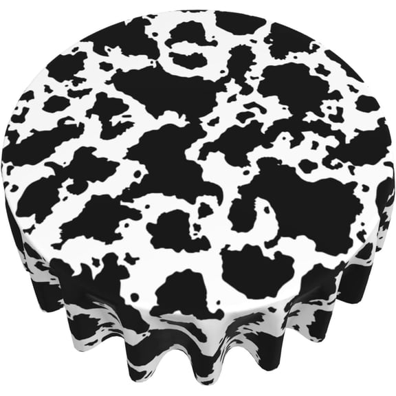 60 inch Round Cow Print Tablecloth, Black and White Farmhouse Table Cover, Washable Spill Resistant Polyester for Dining and Parties
