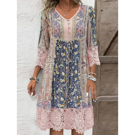 Full Size Lace Detail Printed Three-Quarter Sleeve Dress