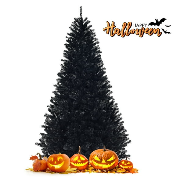 Topbuy 7.5Ft Artificial Christmas Tree Halloween Hinged Spruce Full Tree with Metal Stand Black