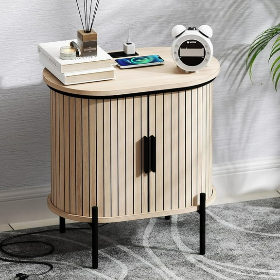 Ebello Nightstand with Built-in Charging Station, Mid Century Modern Fluted End Table with Storage for Bedroom & Entryway, Camel