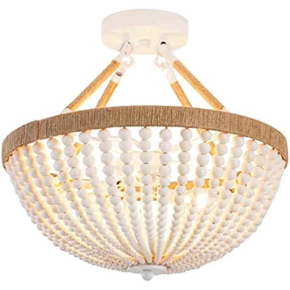 Wood Beaded Mini Chandelier Farmhouse Bohemia Semi Flush Mount Ceiling Light Rustic 3-Light Ceiling Lighting Fixtures for Bedroom Dining Nursery Room Girl Room Hallway, White, Dia 15 Inch