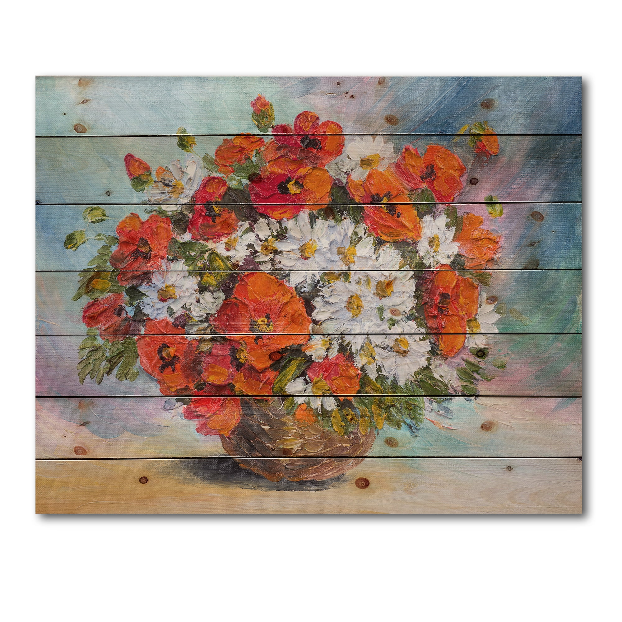 Designart 'Still Life Bouquet Of Daisies and Poppies' Traditional Print on Natural Pine Wood