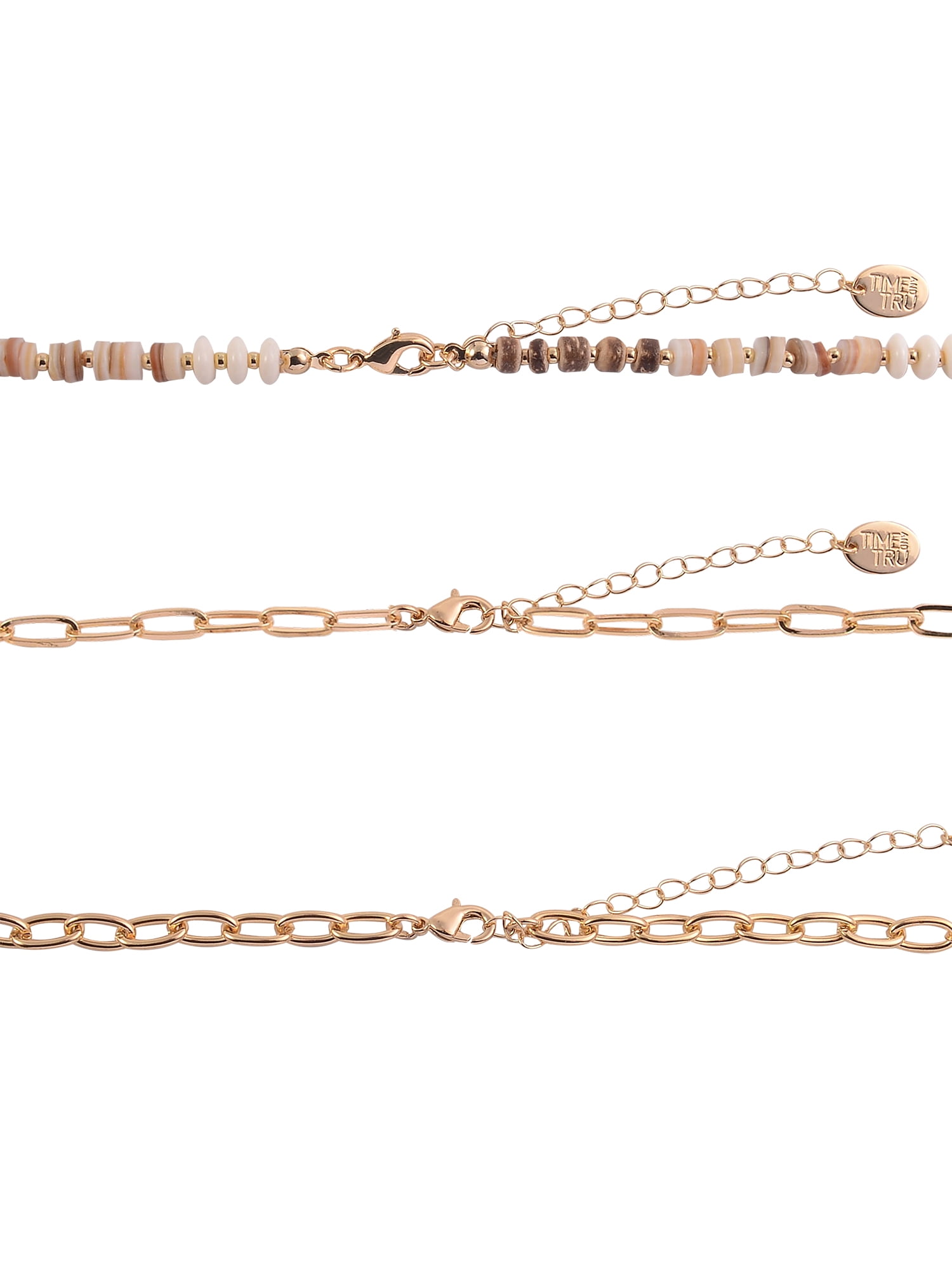 Time and Tru Adult Female Gold-Tone Metal Heishi Shell Beads, Oval Cable Chain, and Acrylic Beads and Pearl 3 Row Necklace