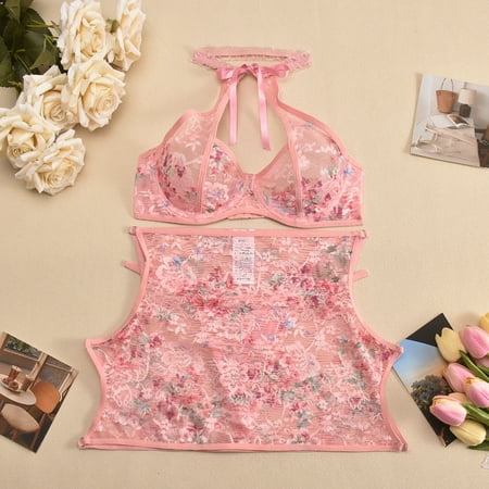 Generic Popular Halter Backless Sexy Bra See-through Lace Sexy Lingerie 3-Piece Set for Women