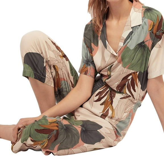 Women Autumn Short / Long Sleeves Pajamas Set for Palm Leaves Printed Buttons Lapel Sleepwear Cropped Pants Loose Home Loungewear