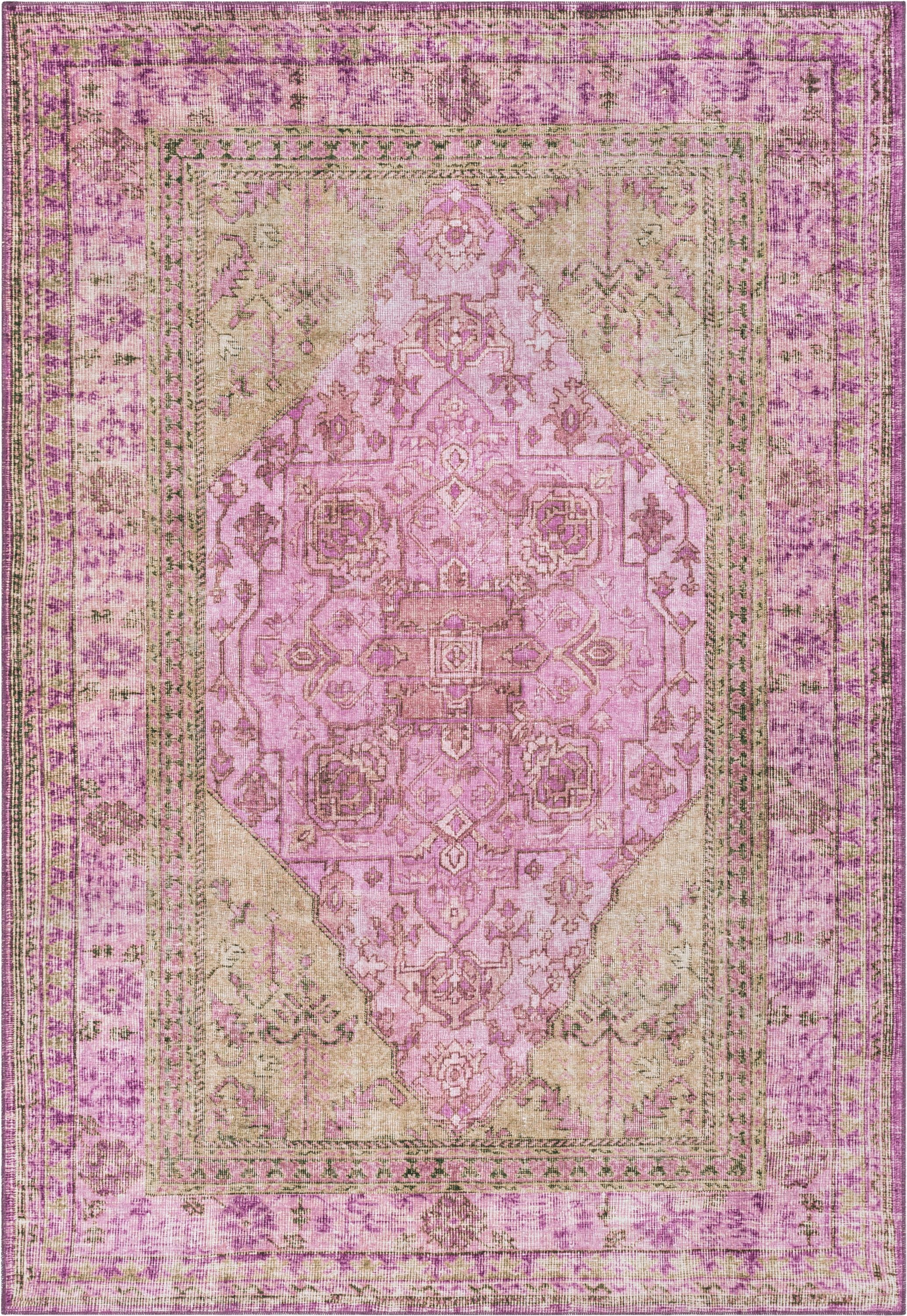 Well Woven Nile Gila Vintage Bohemian Medallion Botanical Border Pink 7'7" x 9'6" Machine Washable Flat-Weave Area Rug