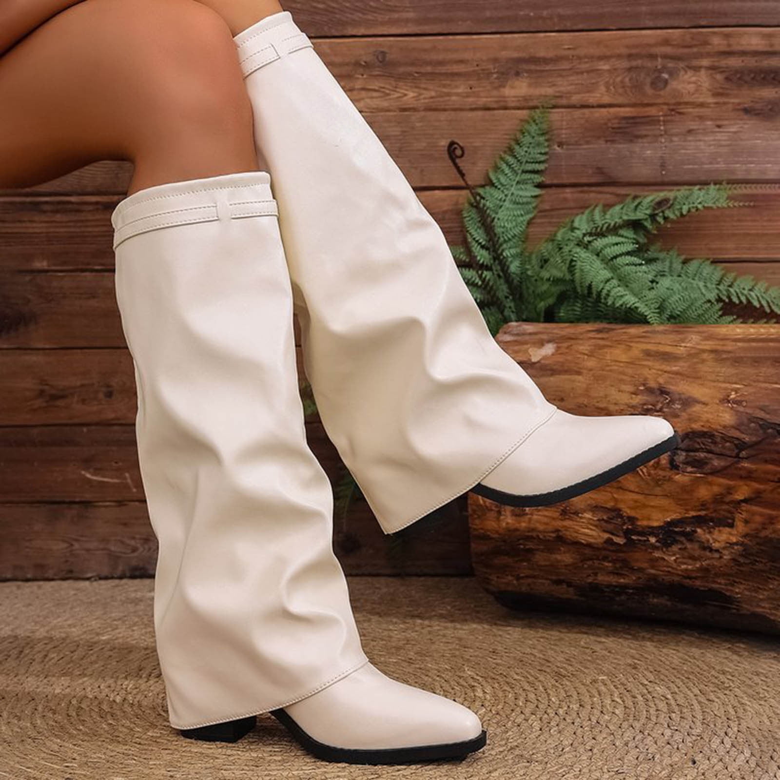 BLTIBY Fold Over Shark Boots for Women Snip Toe Chunky Heel Wide Calf Cowboy Boot Pull On Classic Fashion Party Dress Booties Beige 36