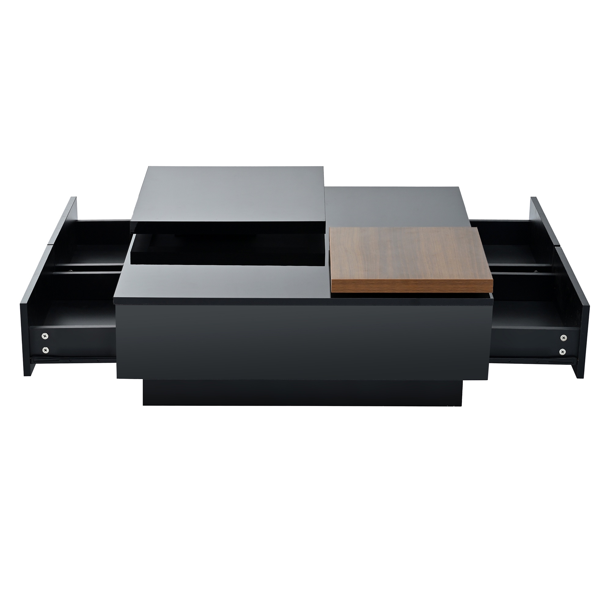 PORKISS Coffee Table, Wooden Coffee Table with Movable Top and High Gloss Finish, Freestanding Square Coffee Table with 4 Hidden Storage Drawers, Modern Cocktail Table for Living Room, Black