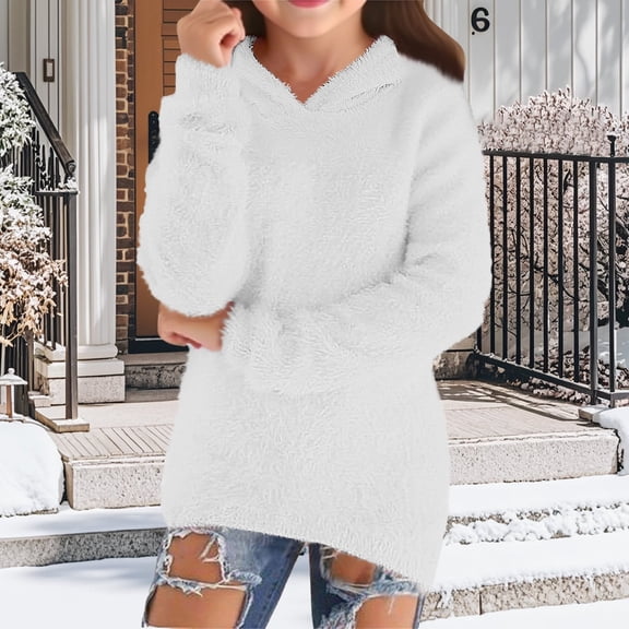 UACY Teen Girls Fuzzy Hoodies Cute Sherpa Plush Pullover Hooded Sweatshirts Kids Plain Soft Fleece Winter Sweater Outwear (White, 11-12 Years)