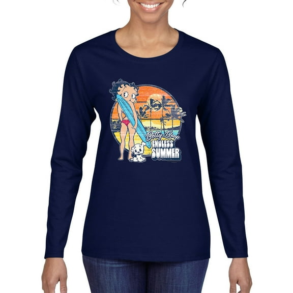 Wild Bobby, Betty Boop Endless Summer Beach the Dog Betty Boop Womens Long Sleeve T-Shirt, Navy, Medium