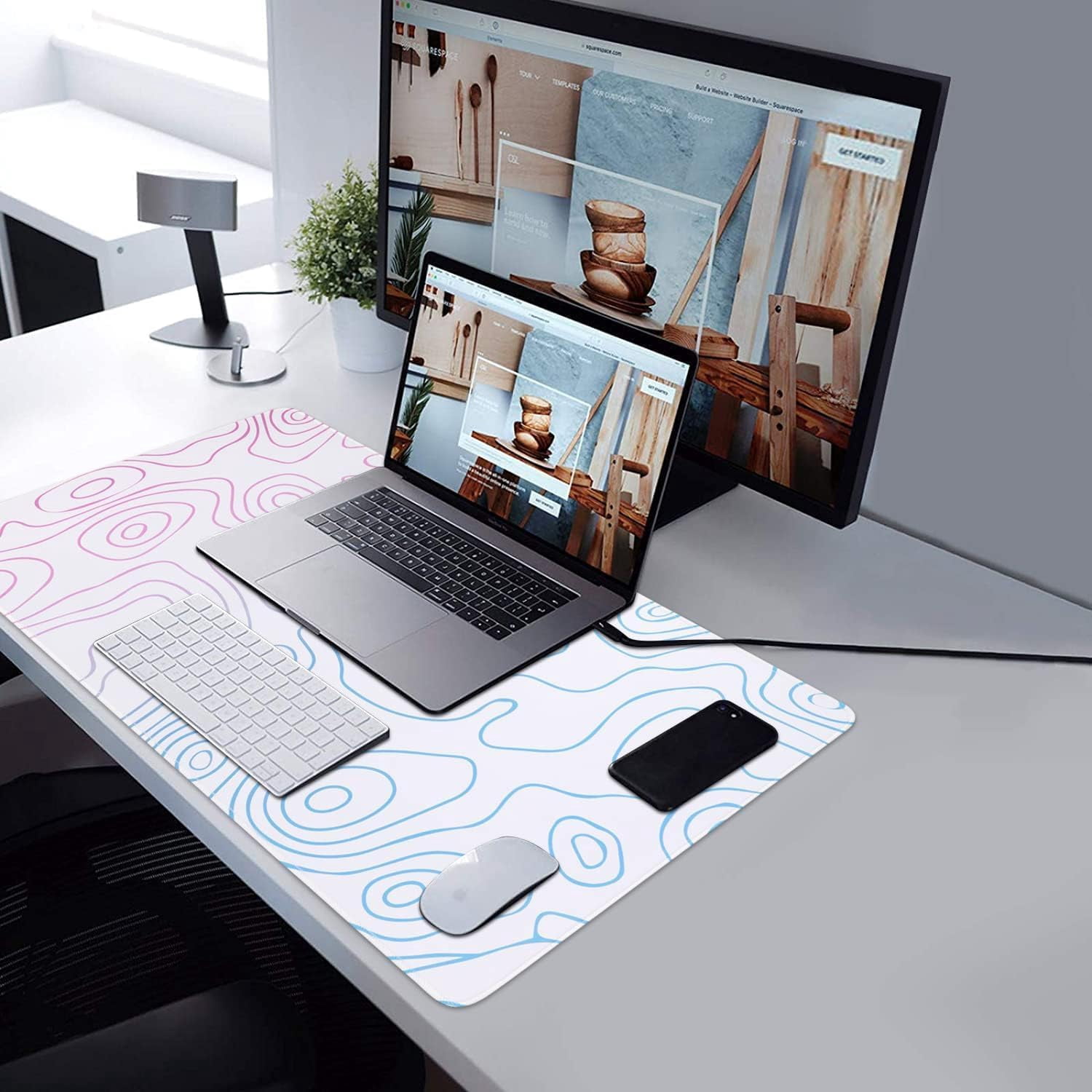 Topographic Mouse Pad, Large Gaming Mouse Pad, Non-Slip Rubber Base Water-Resistant Desk Mat for Computer Keyboard, 35x 15in Extended Desk Pad with Stitched Edges for Office Gaming, White